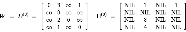 \begin{displaymath}W \;=\; D^{(0)} \;=\; \left[ \begin{array}{cccc} 0 & 3 & \inf...
... \\
{\rm NIL} & 4 & {\rm NIL} & {\rm NIL} \end{array} \right]\end{displaymath}
