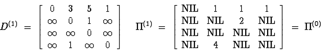 \begin{displaymath}D^{(1)} \;=\; \left[ \begin{array}{cccc} 0 & 3 & 5 & 1 \\
\...
...& 4 & {\rm NIL} & {\rm NIL} \end{array} \right] \;=\; \Pi^{(0)}\end{displaymath}